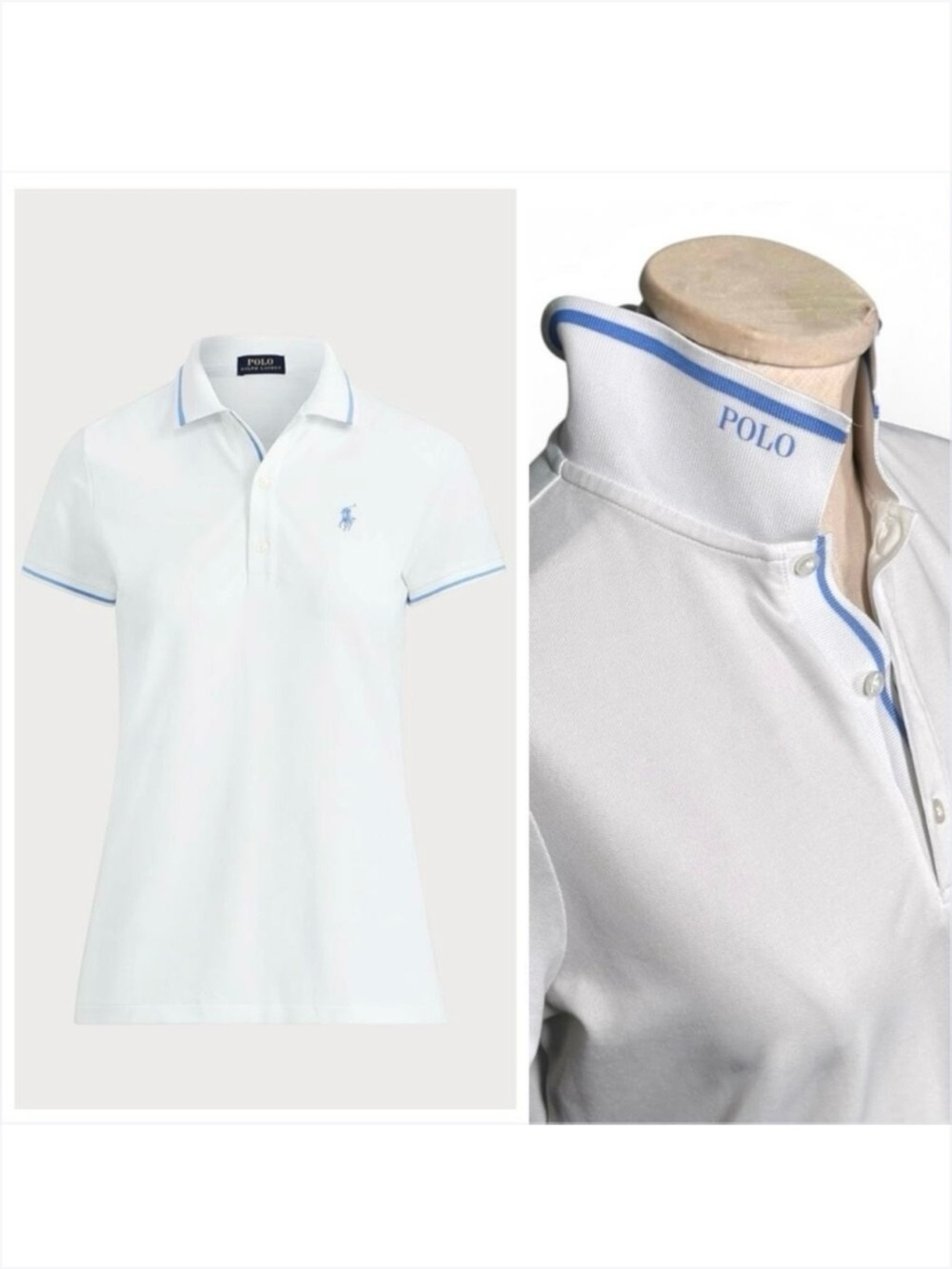 POLO GOLF RALPH LAUREN Performance Pique Top White Blue Tailored Preppy Tennis